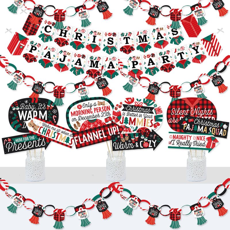 Christmas Pajamas - Banner and Photo Booth Decorations - Holiday Plaid PJ Party Supplies Kit - Doterrific Bundle