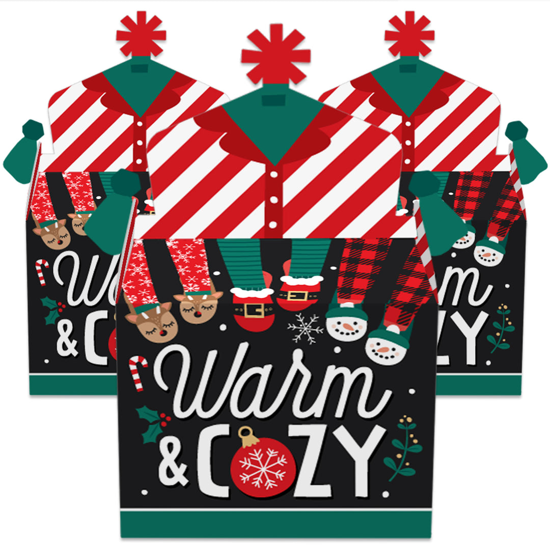 Christmas Pajamas - Treat Box Party Favors - Holiday Plaid PJ Party Goodie Gable Boxes - Set of 12
