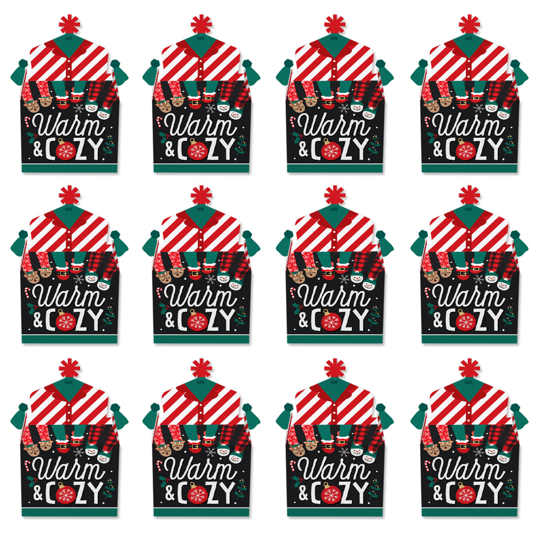 Christmas Pajamas - Treat Box Party Favors - Holiday Plaid PJ Party Goodie Gable Boxes - Set of 12
