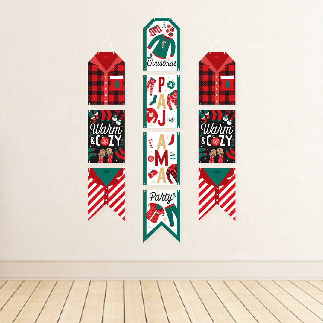 Christmas Pajamas - Hanging Vertical Paper Door Banners - Holiday Plaid PJ Party Wall Decoration Kit - Indoor Door Decor