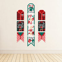 Christmas Pajamas - Hanging Vertical Paper Door Banners - Holiday Plaid PJ Party Wall Decoration Kit - Indoor Door Decor