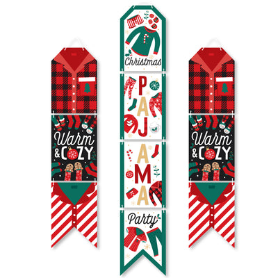 Christmas Pajamas - Hanging Vertical Paper Door Banners - Holiday Plaid PJ Party Wall Decoration Kit - Indoor Door Decor