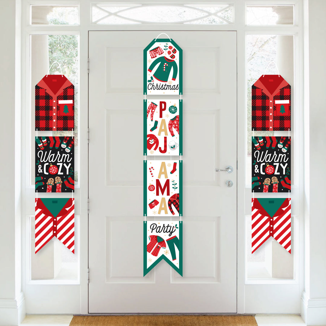 Christmas Pajamas - Hanging Vertical Paper Door Banners - Holiday Plaid PJ Party Wall Decoration Kit - Indoor Door Decor