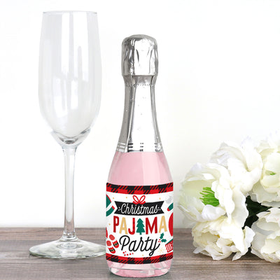Christmas Pajamas - Mini Wine and Champagne Bottle Label Stickers - Holiday Plaid PJ Party Favor Gift for Women and Men - Set of 16