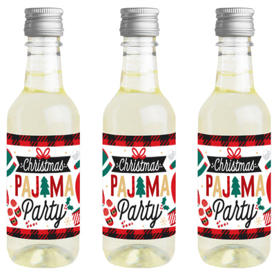 Christmas Pajamas - Mini Wine and Champagne Bottle Label Stickers - Holiday Plaid PJ Party Favor Gift for Women and Men - Set of 16