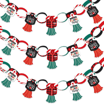 Christmas Pajamas - 90 Chain Links and 30 Paper Tassels Decoration Kit - Holiday Plaid PJ Party Paper Chains Garland - 21 feet
