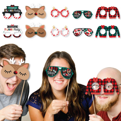 Christmas Pajamas Glasses and Masks - Paper Card Stock Holiday Plaid PJ Party Photo Booth Props Kit - 10 Count