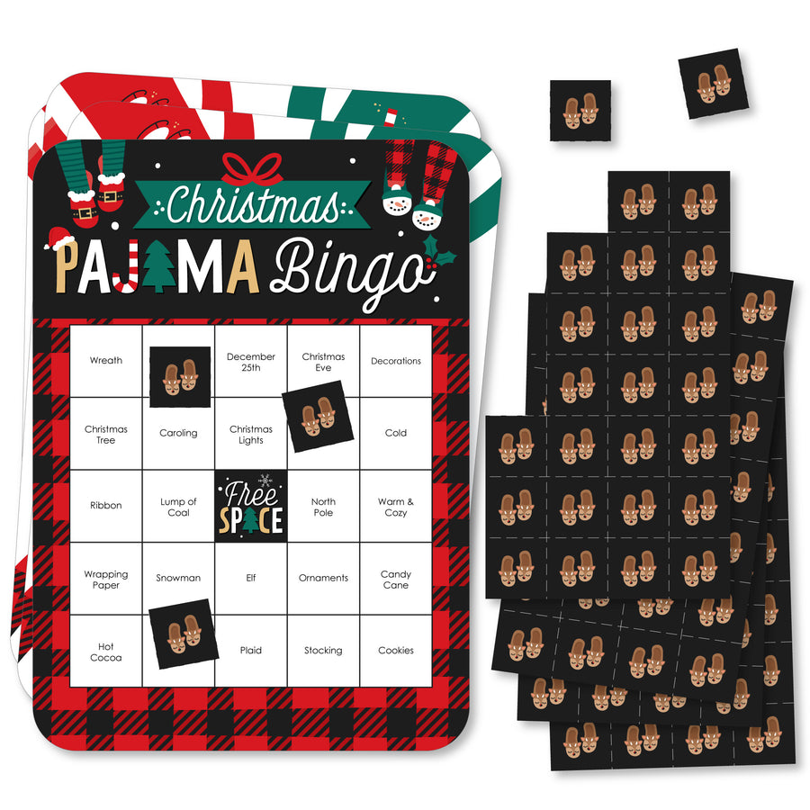 A Christmas-themed Bingo game set including rectangular game cards and perforated marker sheets with Christmas-related words.