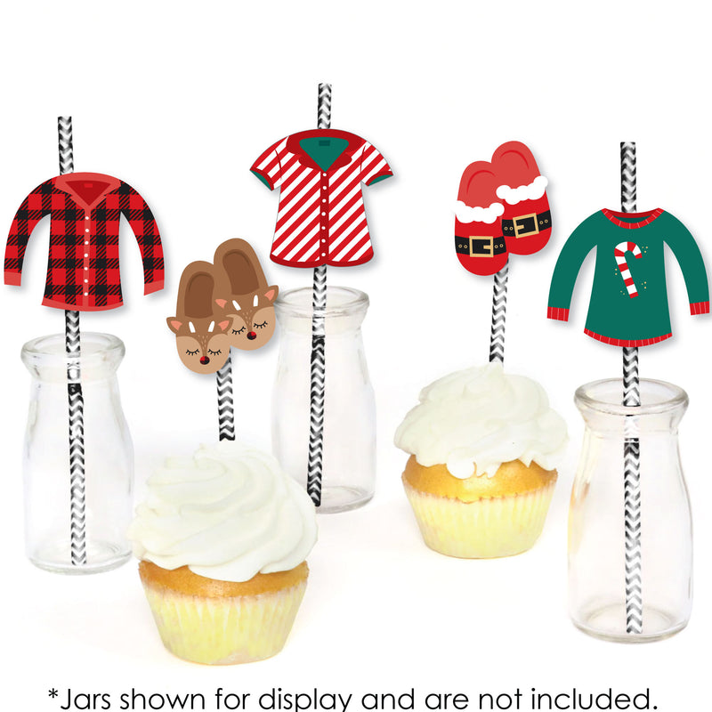 Christmas Pajamas - Paper Straw Decor - Holiday Plaid PJ Party Striped Decorative Straws - Set of 24