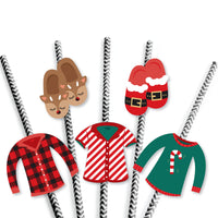 Christmas Pajamas - Paper Straw Decor - Holiday Plaid PJ Party Striped Decorative Straws - Set of 24