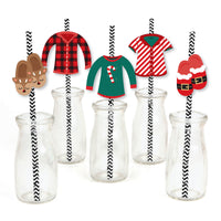 Christmas Pajamas - Paper Straw Decor - Holiday Plaid PJ Party Striped Decorative Straws - Set of 24