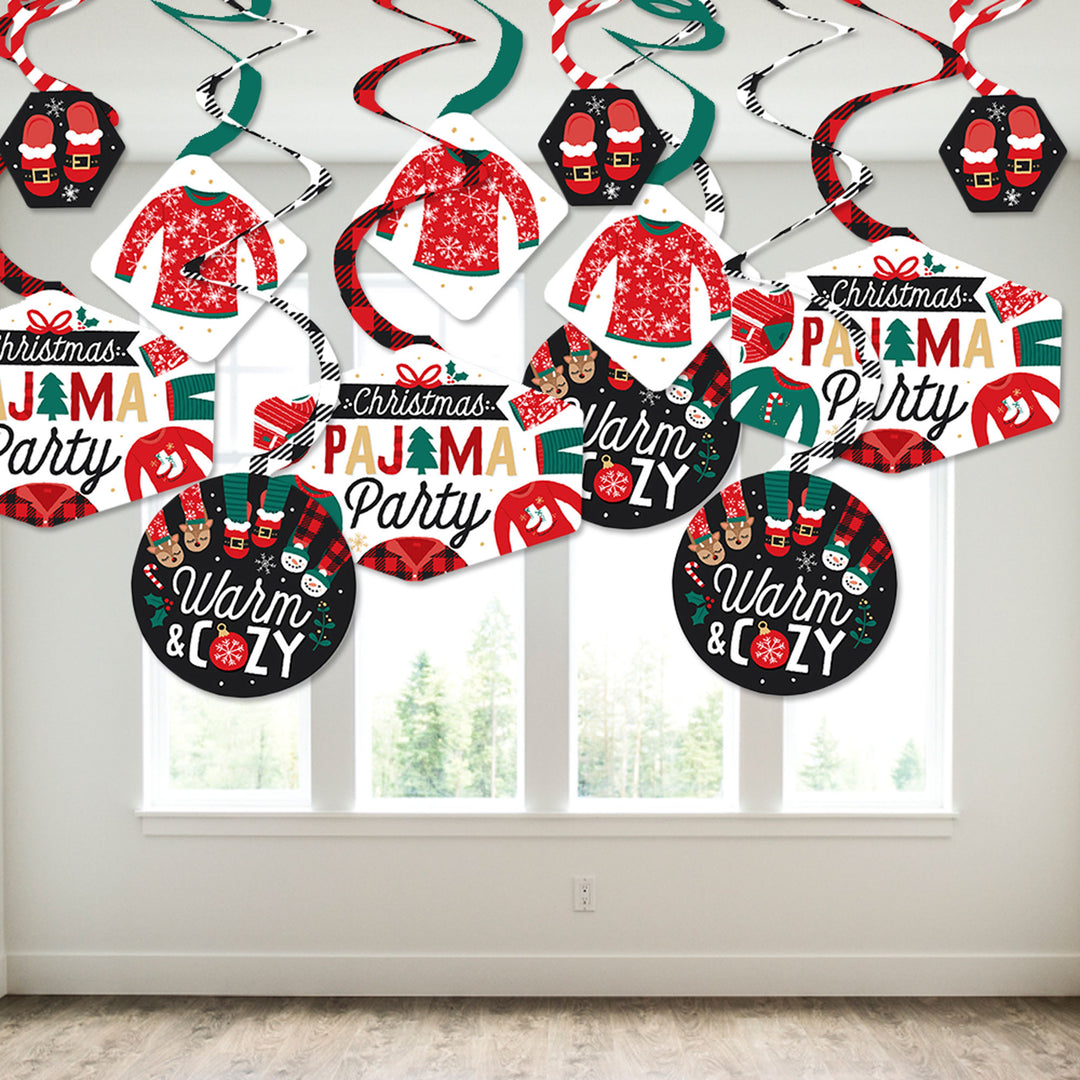 Christmas Pajamas - Holiday Plaid PJ Party Hanging Decor - Party Decoration Swirls - Set of 40