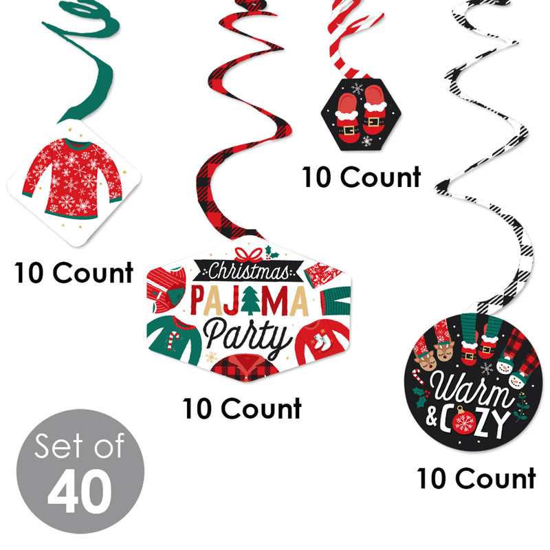 Christmas Pajamas - Holiday Plaid PJ Party Hanging Decor - Party Decoration Swirls - Set of 40