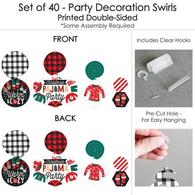 Christmas Pajamas - Holiday Plaid PJ Party Hanging Decor - Party Decoration Swirls - Set of 40
