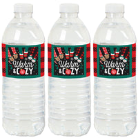 Three water bottles labels with Christmas-themed 'Warm & Cozy' text and plaid pattern labels.