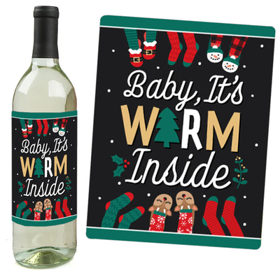 Christmas Pajamas - Holiday Plaid PJ Party Decorations for Women and Men - Wine Bottle Label Stickers - Set of 4