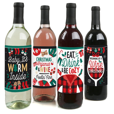 Christmas Pajamas - Holiday Plaid PJ Party Decorations for Women and Men - Wine Bottle Label Stickers - Set of 4