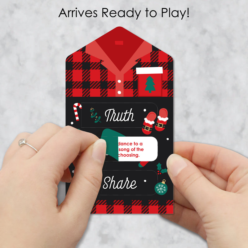 Christmas Pajamas - Holiday Plaid PJ Party Game Pickle Cards - Truth, Dare, Share Pull Tabs - Set of 12
