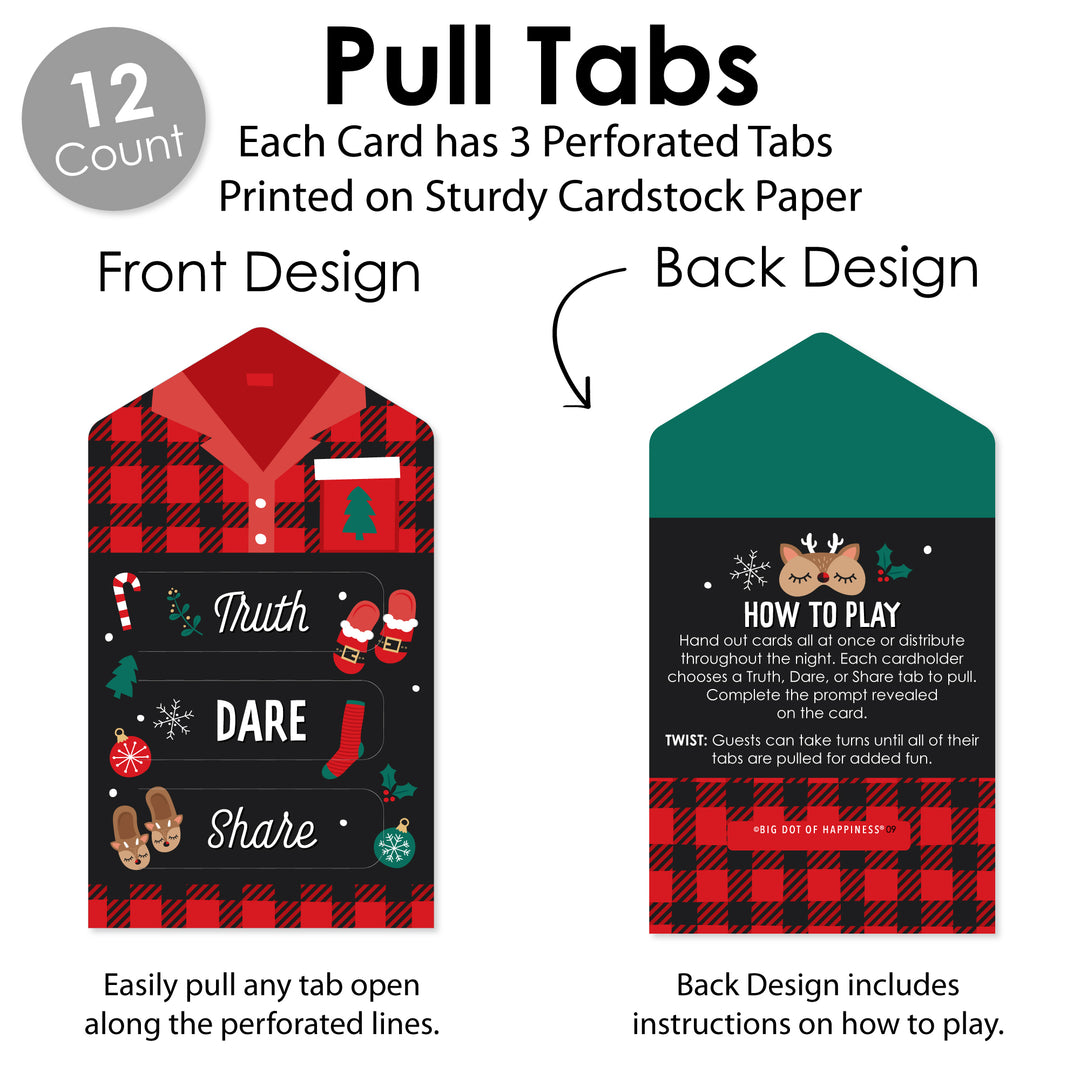 Christmas Pajamas - Holiday Plaid PJ Party Game Pickle Cards - Truth, Dare, Share Pull Tabs - Set of 12