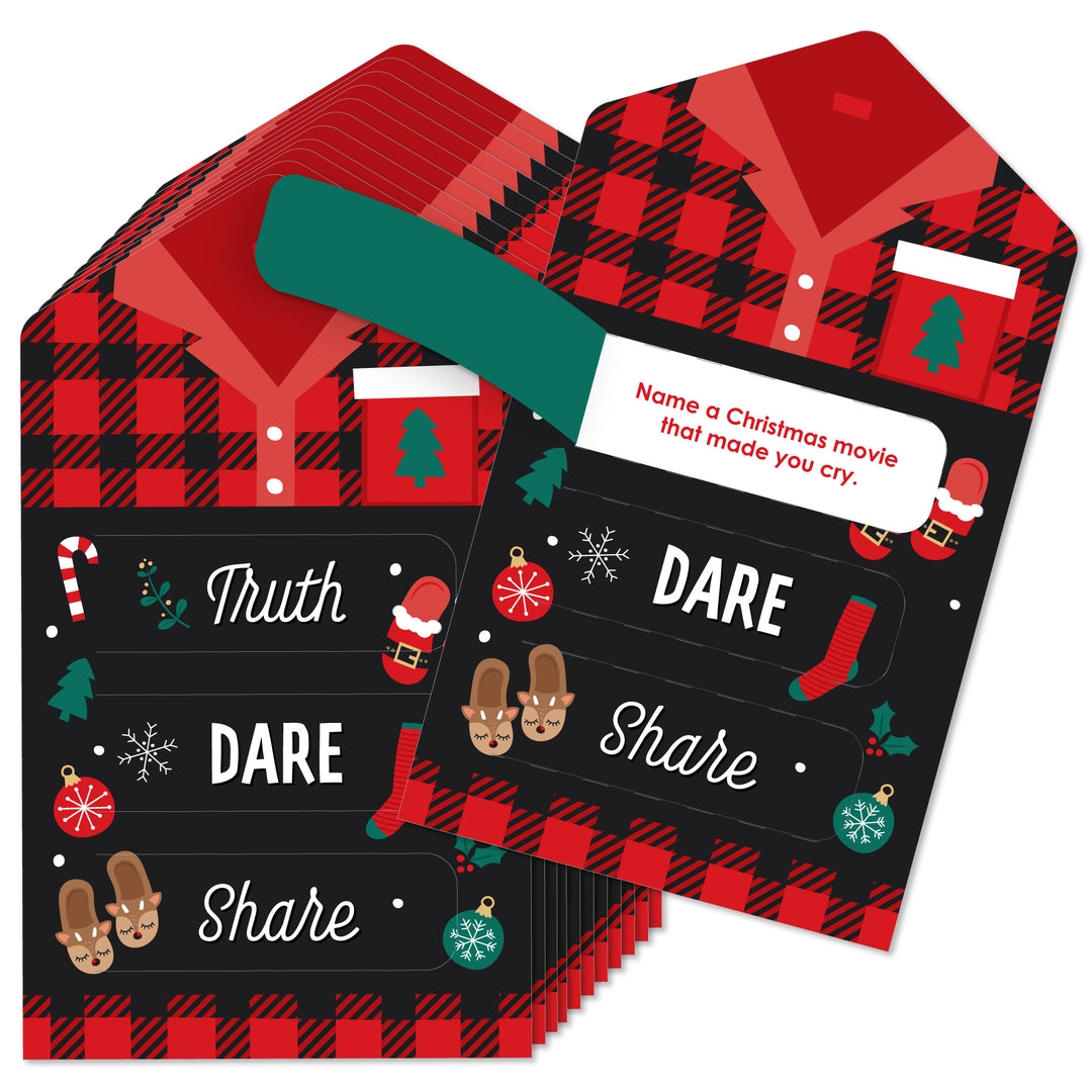 Christmas Pajamas - Holiday Plaid PJ Party Game Pickle Cards - Truth, Dare, Share Pull Tabs - Set of 12