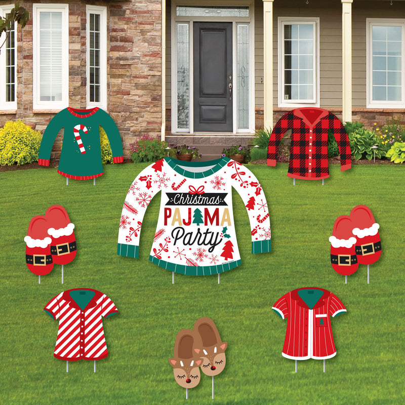 Christmas Pajamas - Yard Sign and Outdoor Lawn Decorations - Holiday Plaid PJ Party Yard Signs - Set of 8