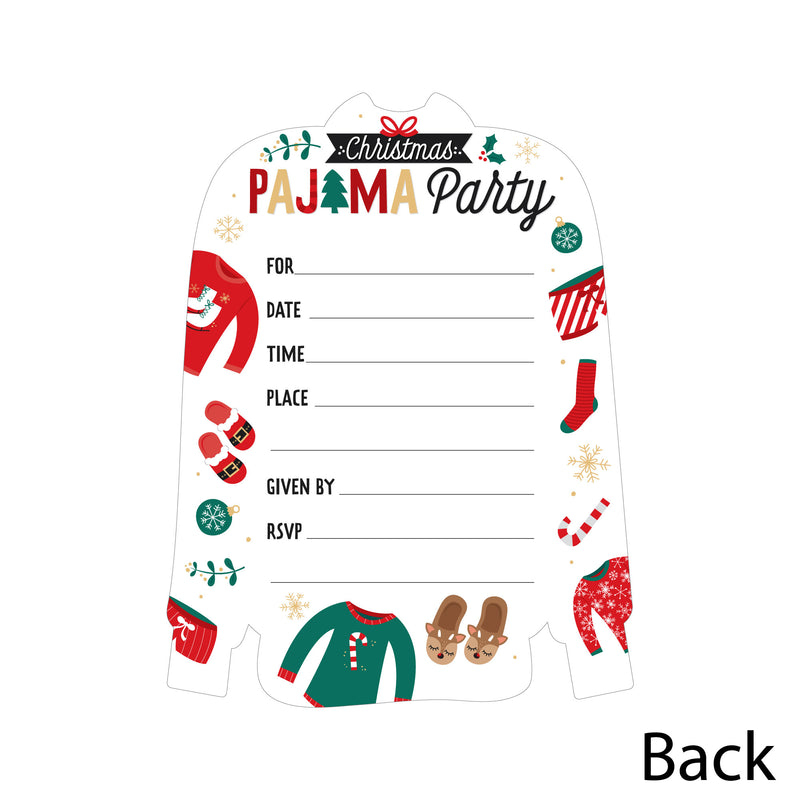 Christmas Pajamas - Shaped Fill-In Invitations - Holiday Plaid PJ Party Invitation Cards with Envelopes - Set of 12