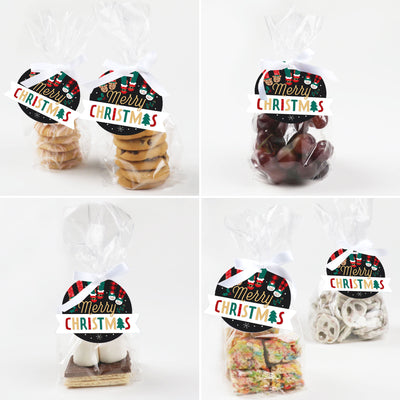 Christmas Pajamas - Holiday Plaid PJ Party Clear Goodie Favor Bags - Treat Bags With Tags - Set of 12