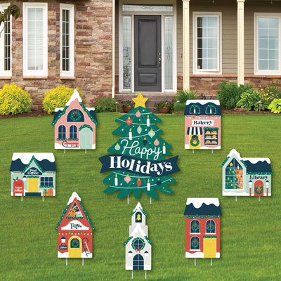Christmas Village - Yard Sign and Outdoor Lawn Decorations - Holiday Winter Houses Yard Signs - Set of 8
