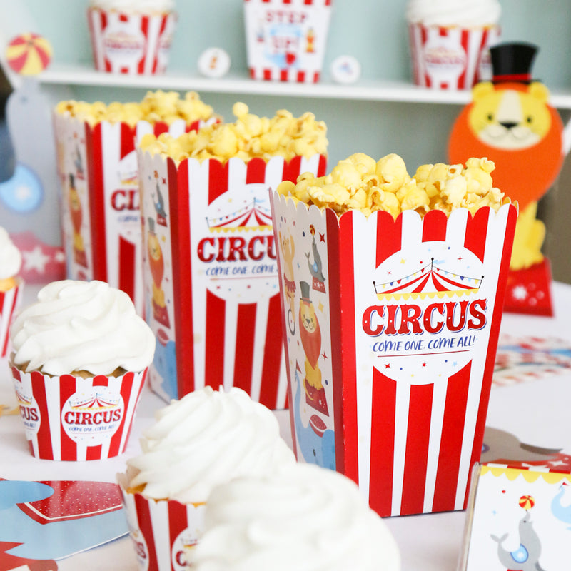 Carnival - Step Right Up Circus - Carnival Themed Baby Shower or Birthday Party Favor Popcorn Treat Boxes - Set of 12