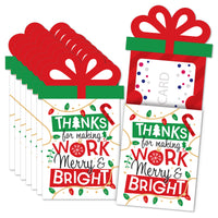 A set of eight professionally printed card holders with a 'Thanks for making work merry & bright' message, designed for holding money or gift cards for co-worker appreciation during Christmas. The holders are displayed with red and green decorative elements and include white envelopes.