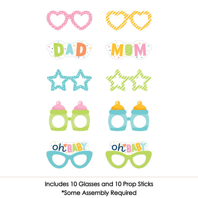 Colorful Baby Shower Glasses - Paper Card Stock Gender Neutral Party Photo Booth Props Kit - 10 Count