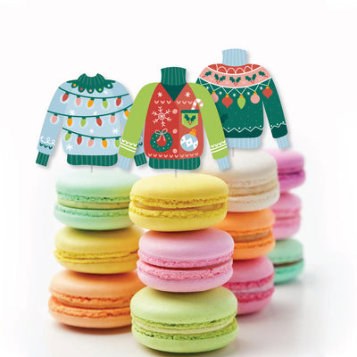 Colorful Christmas Sweaters - Dessert Cupcake Toppers - Ugly Sweater Holiday Party Clear Treat Picks - Set of 24