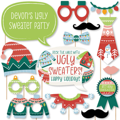 Colorful Christmas Sweaters - Personalized Ugly Sweater Holiday Party Photo Booth Props Kit - 20 Count
