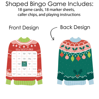 Colorful Christmas Sweaters - Bingo Cards and Markers - Ugly Sweater Holiday Party Shaped Bingo Game - Set of 18