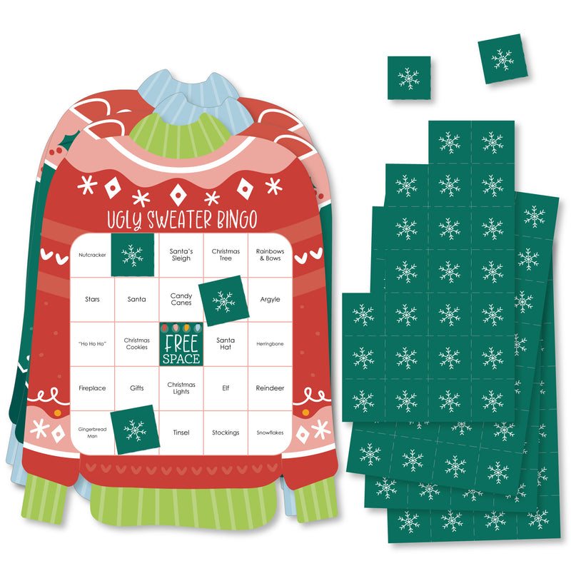 Colorful Christmas Sweaters - Bingo Cards and Markers - Ugly Sweater Holiday Party Shaped Bingo Game - Set of 18