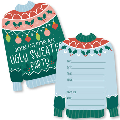 Colorful Christmas Sweaters - Shaped Fill-In Invitations - Ugly Sweater Holiday Party Invitation Cards with Envelopes - Set of 12