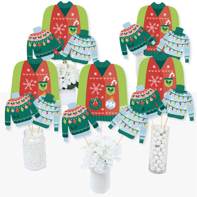 Colorful Christmas Sweaters - Ugly Sweater Holiday Party Centerpiece Sticks - Table Toppers - Set of 15