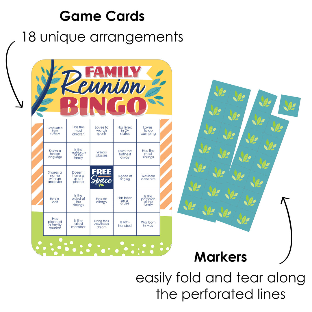 Colorful Family Reunion - Bingo Cards and Markers - Family Gathering Party Bingo Game - Set of 18