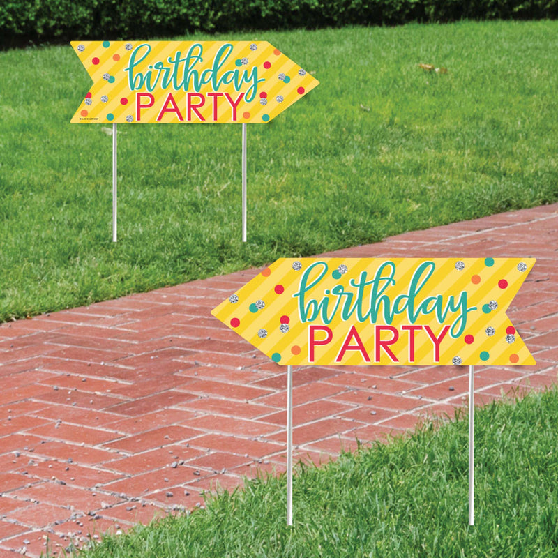 Colorful Happy Birthday - Birthday Party Sign Arrow - Double Sided Directional Yard Signs - Set of 2