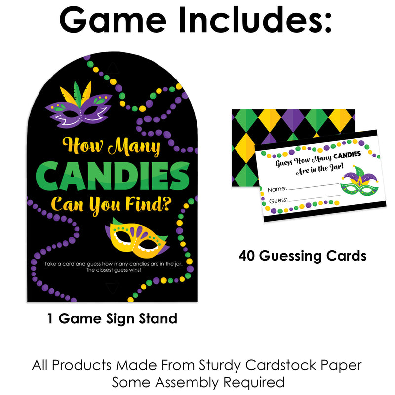 Colorful Mardi Gras Mask - How Many Candies Masquerade Party Game - 1 Stand and 40 Cards - Candy Guessing Game