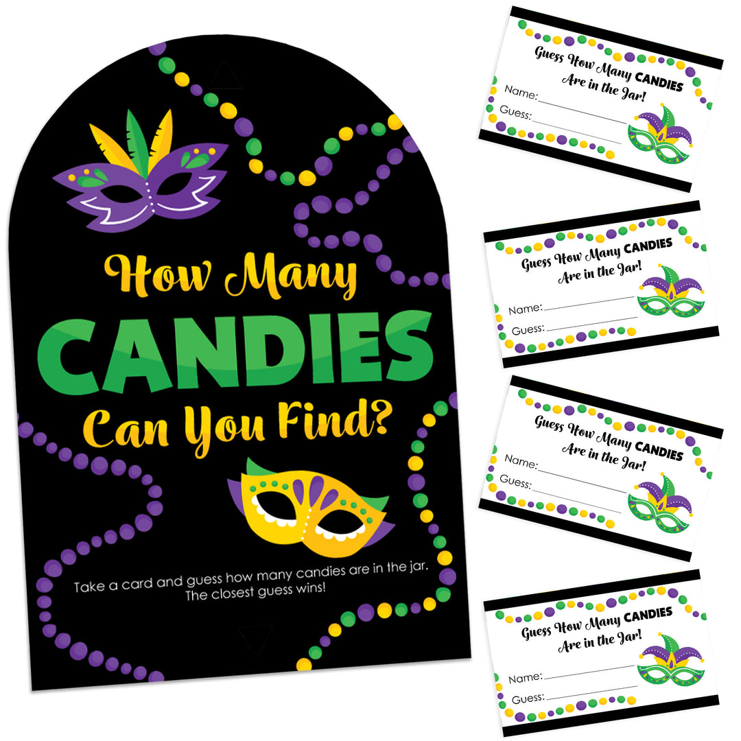 Colorful Mardi Gras Mask - How Many Candies Masquerade Party Game - 1 Stand and 40 Cards - Candy Guessing Game