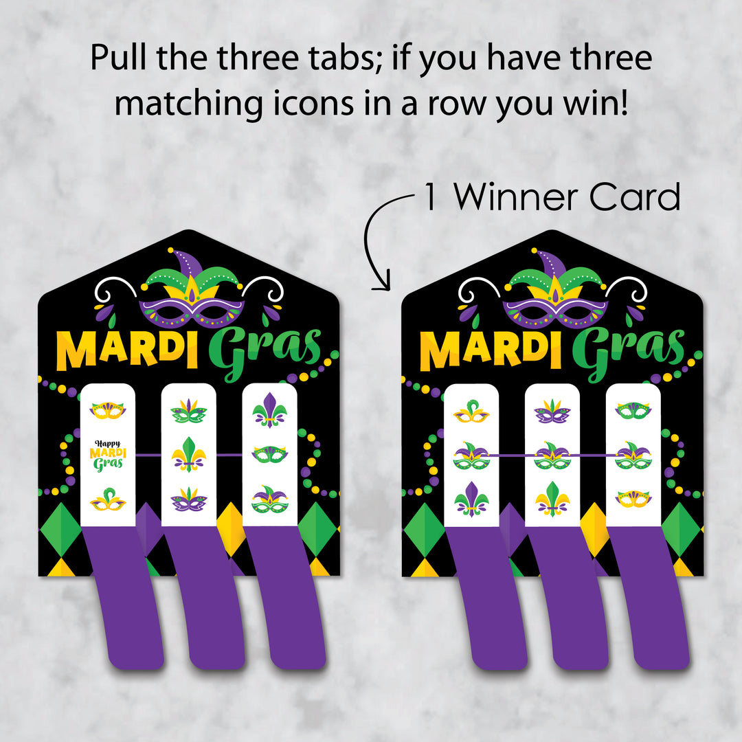 Colorful Mardi Gras Mask - Masquerade Party Game Pickle Cards - Pull Tabs 3-in-a-Row - Set of 12