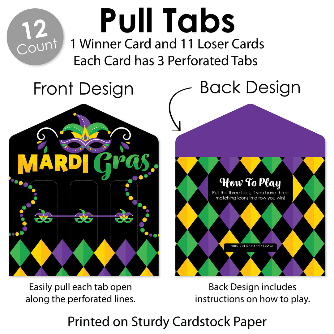 Colorful Mardi Gras Mask - Masquerade Party Game Pickle Cards - Pull Tabs 3-in-a-Row - Set of 12