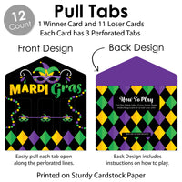Colorful Mardi Gras Mask - Masquerade Party Game Pickle Cards - Pull Tabs 3-in-a-Row - Set of 12