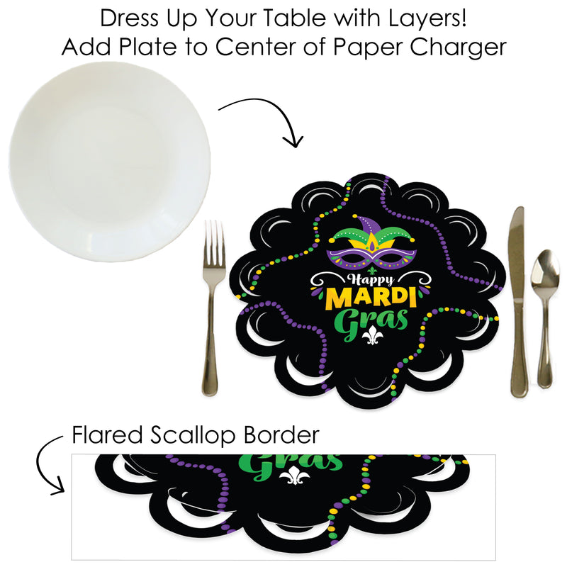 Colorful Mardi Gras Mask - Masquerade Party Round Table Decorations - Paper Chargers - Place Setting For 12
