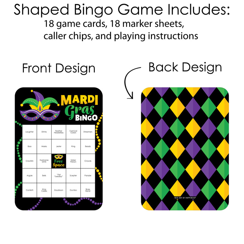 Colorful Mardi Gras Mask - Bingo Cards and Markers - Masquerade Party Bingo Game - Set of 18