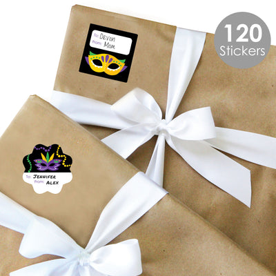 Colorful Mardi Gras Mask - Assorted Masquerade Party Gift Tag Labels - To and From Stickers - 12 Sheets - 120 Stickers