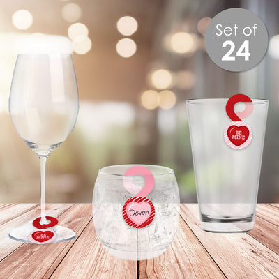 Conversation Hearts - Valentine’s Day Party Paper Beverage Markers for Glasses - Drink Tags - Set of 24