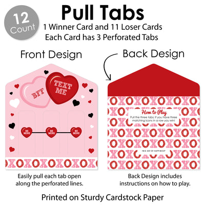 Conversation Hearts - Valentine’s Day Party Game Pickle Cards - Pull Tabs 3-in-a-Row - Set of 12