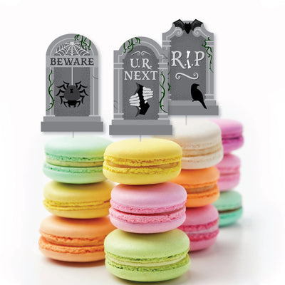 Creepy Cemetery - Dessert Cupcake Toppers - Spooky Halloween Tombstone Party Clear Treat Picks - Set of 24